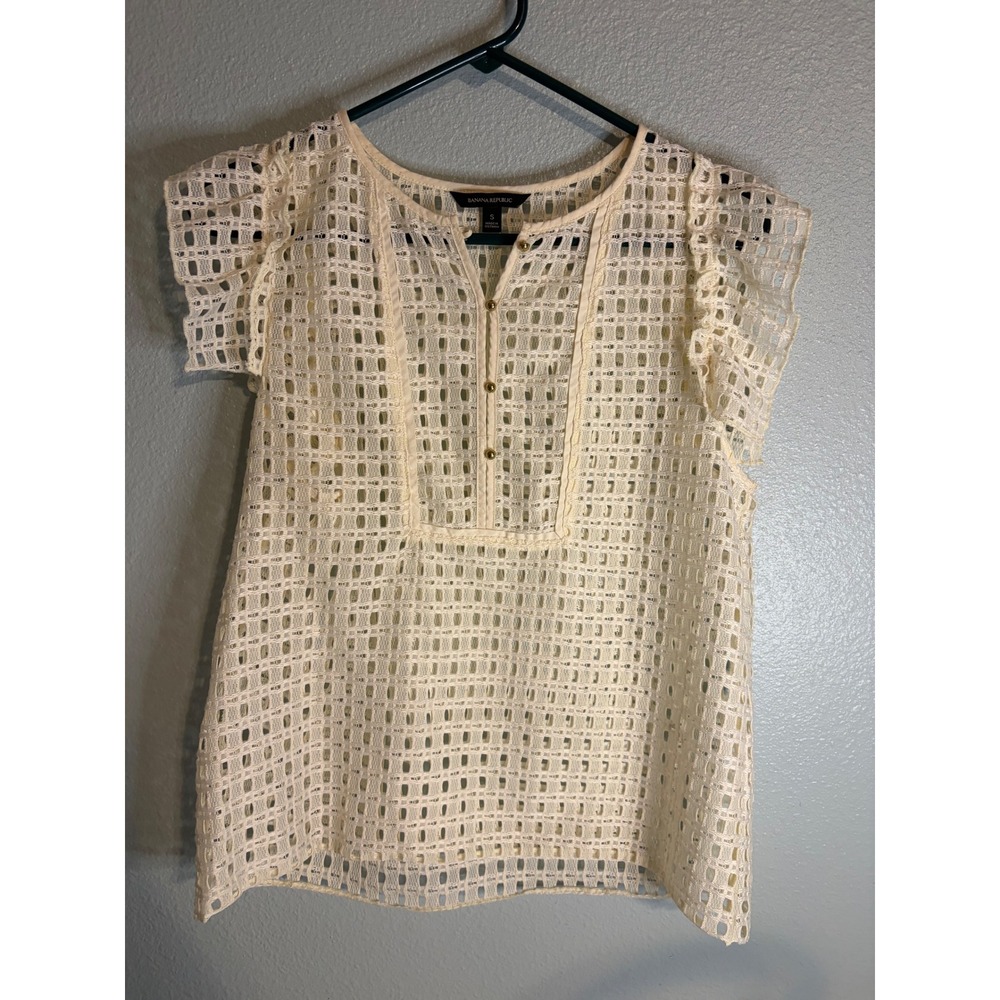 Banana Republic Ivory Crochet Lace Ruffle Sleeve Button Front Blouse Small